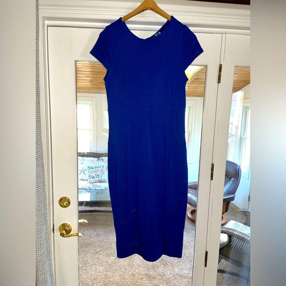 Calvin Klein fitted blue dress with gold zipper down the back